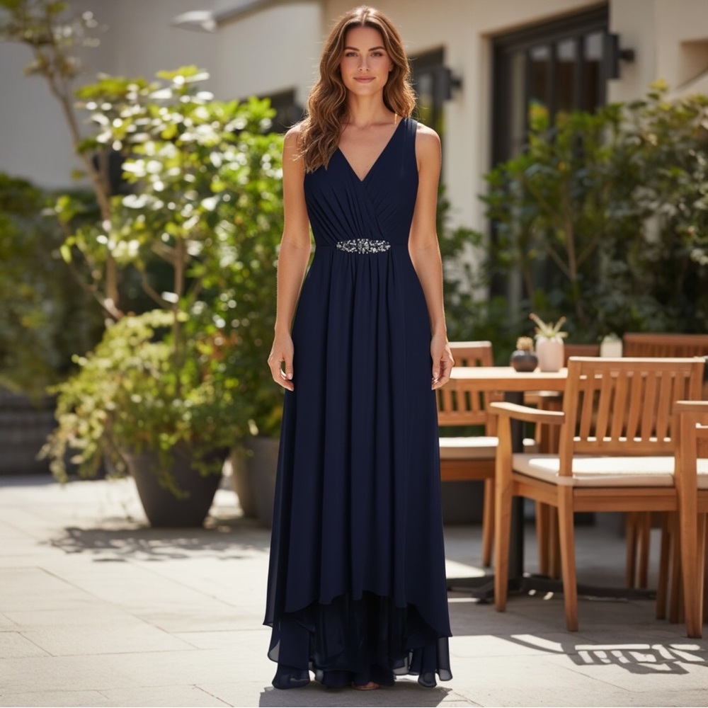 Eliza J High-Low Chiffon Gown V-Neck, Sleeveless, Navy Blue,‎ Size 10 - Picture 2 of 13